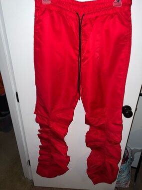 Men's Red Cargo Track Pants with Ruched Leg Detail